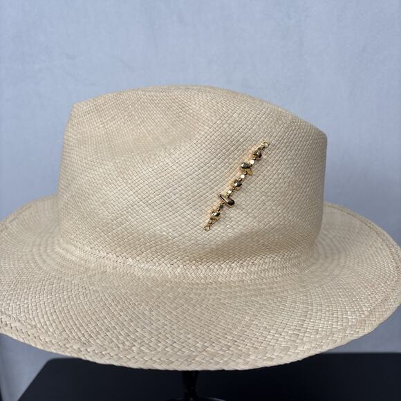 Van Palma Diana Panama Hat Small Ecru Straw Handwoven Gold-Plated Brooch Classic - Picture 2 of 9